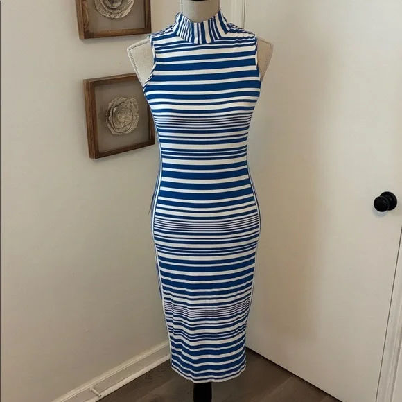 Bebe Nautical Blue White Striped Midi Dress Mock Neck Bodycon - Picture 2 of 7